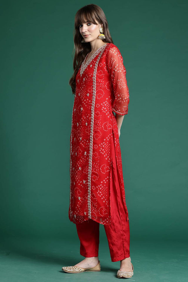 Red Floral Embroidered Silk Kurti Pant Set (IDKH9RD9976)