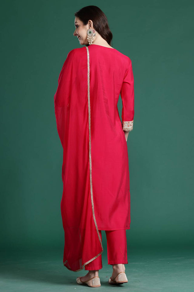 Pink Solid Silk Blend Kurti Pant Set (IDKH9RP11157)
