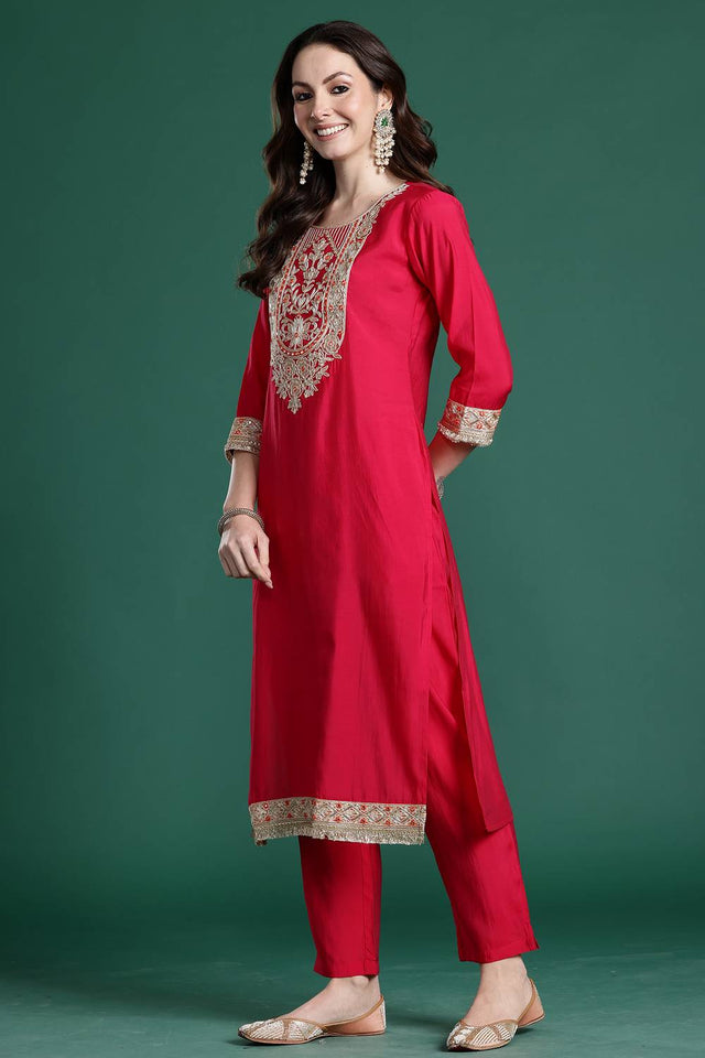 Pink Solid Silk Blend Kurti Pant Set (IDKH9RP11157)