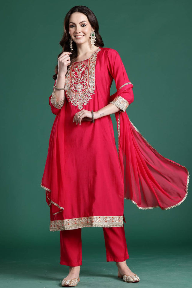 Pink Solid Silk Blend Kurti Pant Set (IDKH9RP11157)