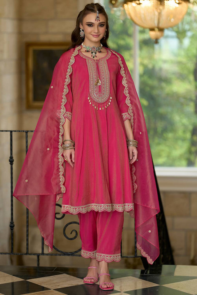 Pink Embroidered Silk Blend Kurti Pant Set (IDKH9RP11914)