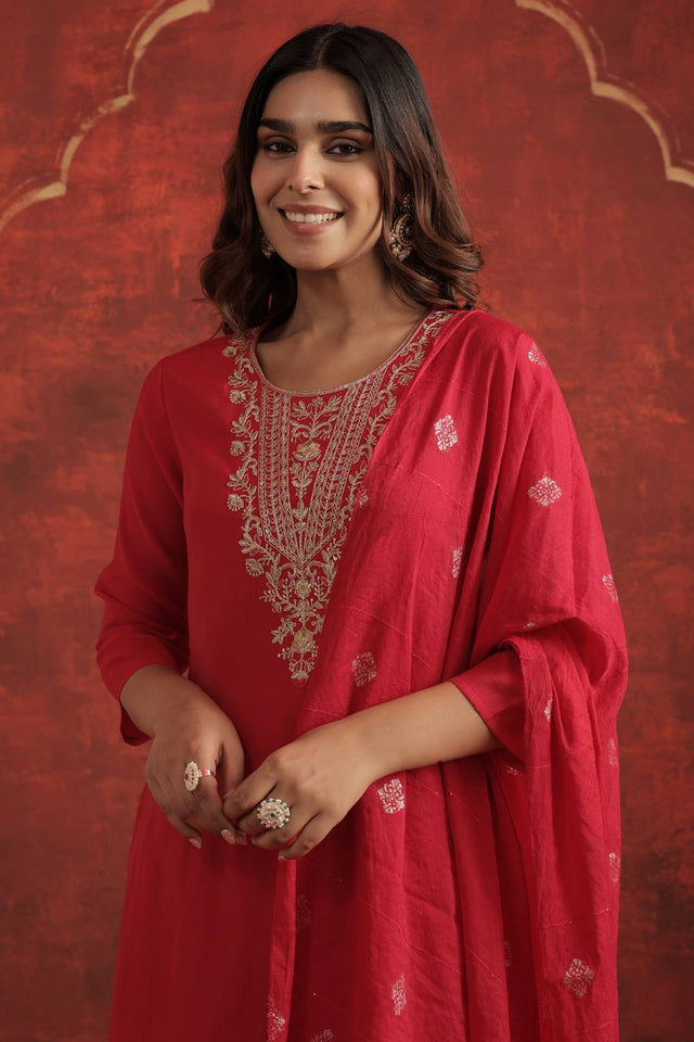 Pink Embroidered Silk Blend Kurti Pant Set (IDKH9RP12272)