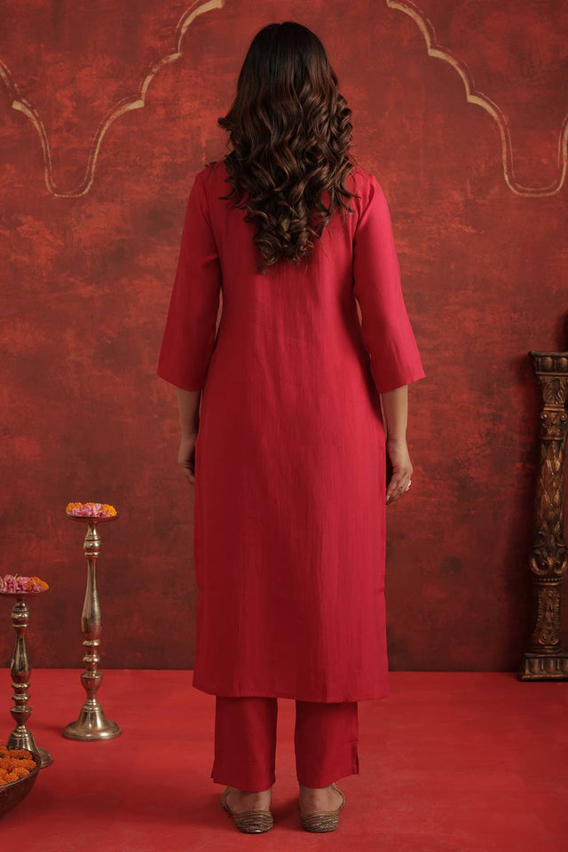 Pink Embroidered Silk Blend Kurti Pant Set (IDKH9RP12272)