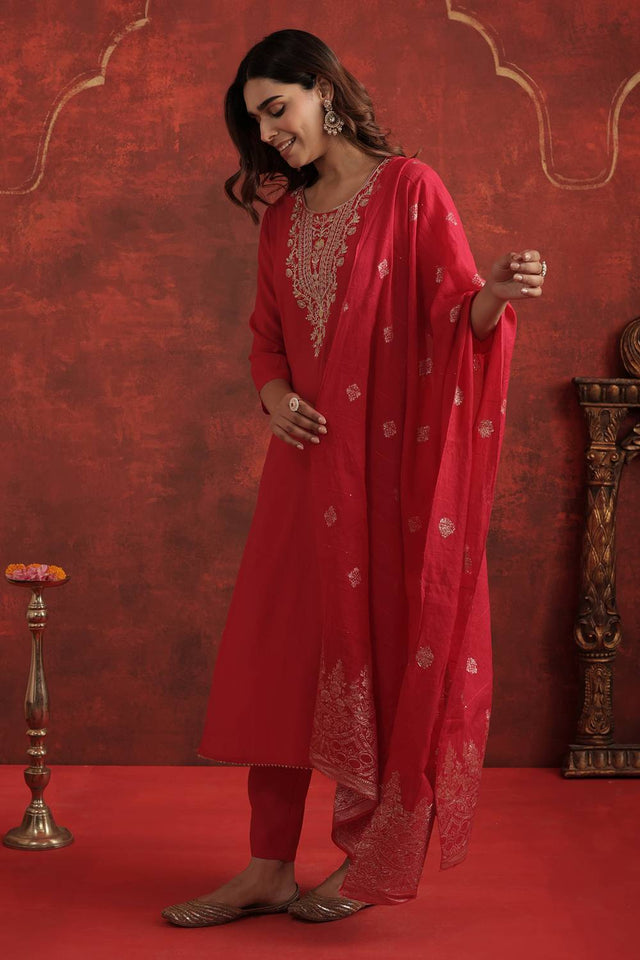 Pink Embroidered Silk Blend Kurti Pant Set (IDKH9RP12272)