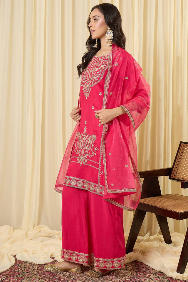 Pink Embroidered Silk Blend Kurti Pant Set (IDKH9RP12461)