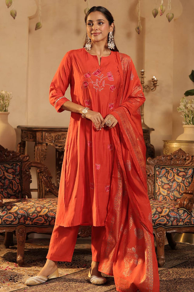 Rust Floral Embroidered Silk Blend Kurti Pant Set (IDKH9RT11989)
