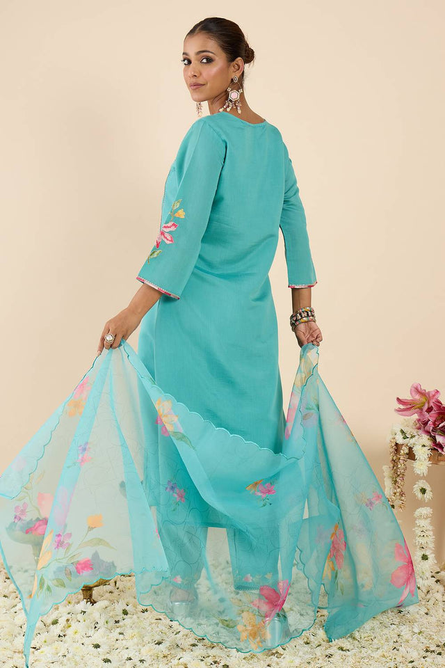 Sea Green Embroidered Silk Blend Kurti Pant Set (IDKH9SG11610)