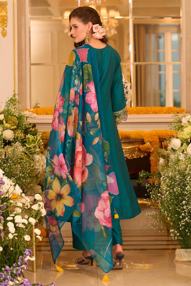 Turquoise Embroidered Silk Blend Kurti Pant Set (IDKH9TL12377)