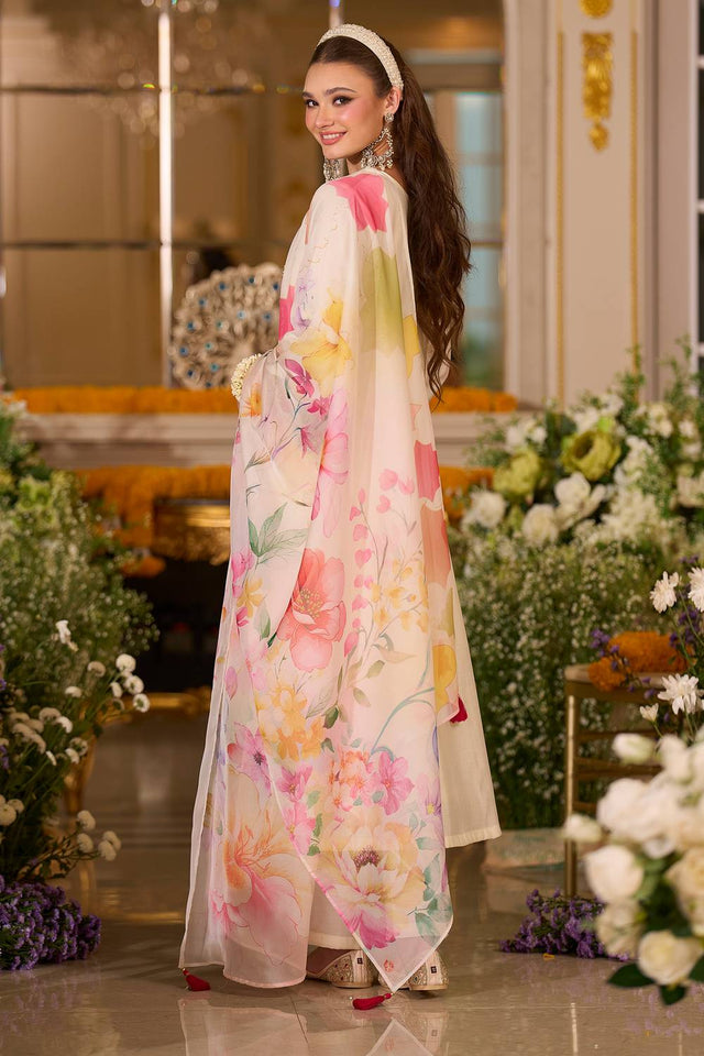 White Floral Embroidered Silk Blend Kurti Pant Set (IDKH9WH12374)