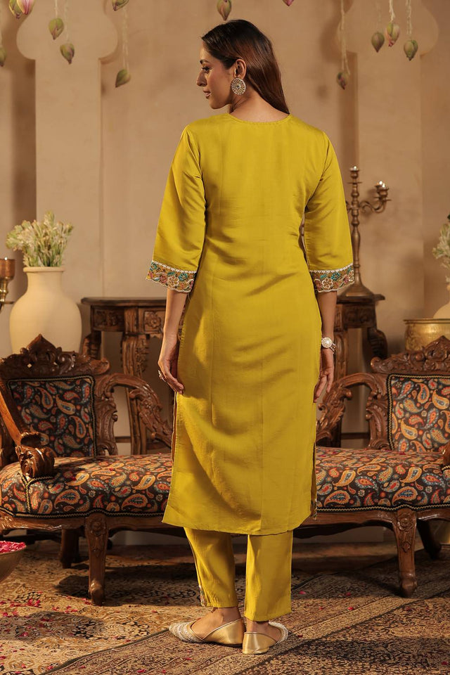 Yellow Embroidered Silk Blend Kurti Pant Set (IDKH9YL10465)