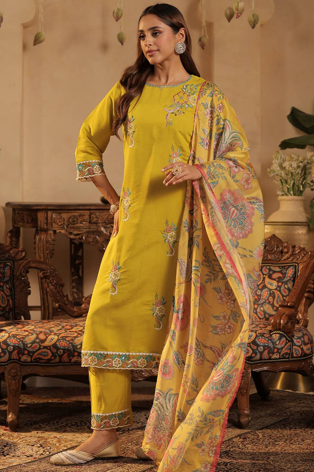 Yellow Embroidered Silk Blend Kurti Pant Set (IDKH9YL10465)