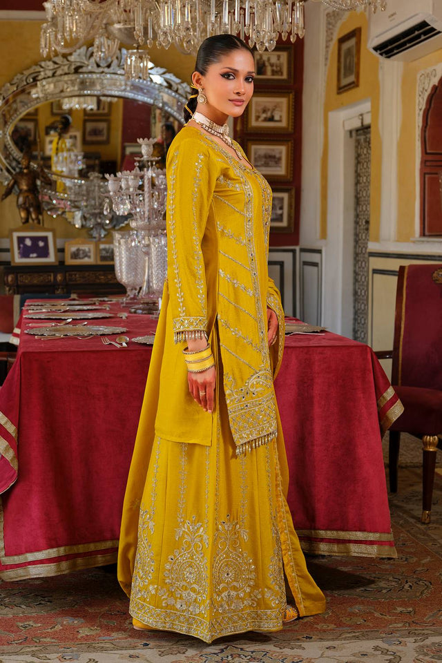 Yellow Embroidered Chinon Kurti Pant Set (IDKH9YL11700)