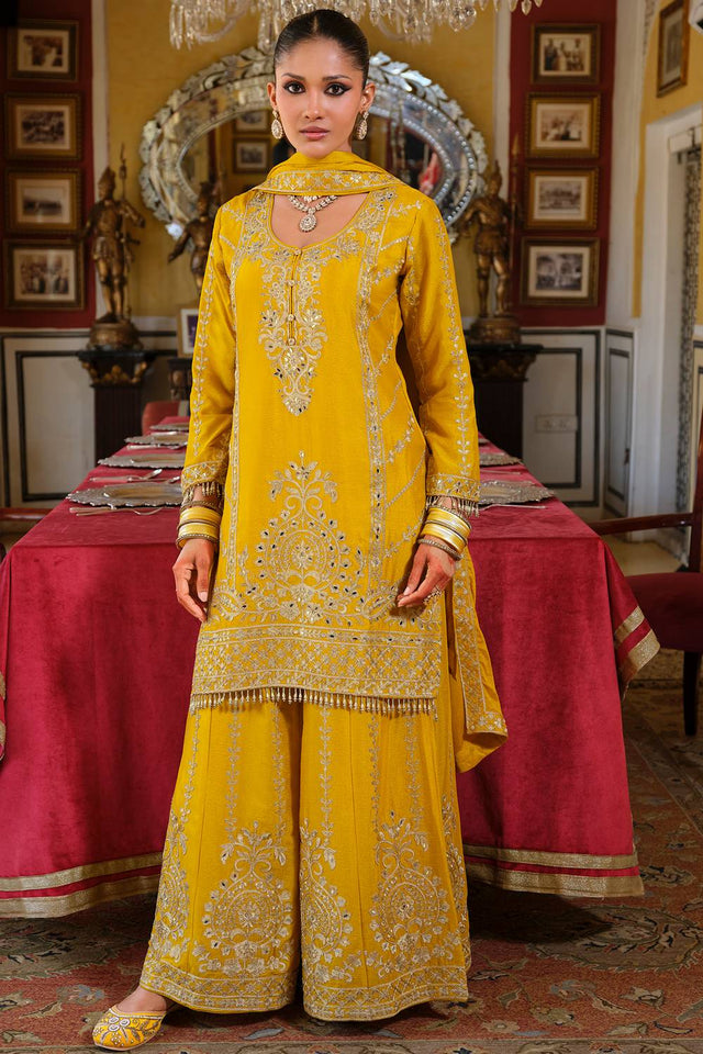 Yellow Embroidered Chinon Kurti Pant Set (IDKH9YL11700)
