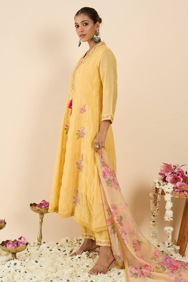 Yellow Embroidered Organza Kurti Pant Set (IDKH9YL11735)