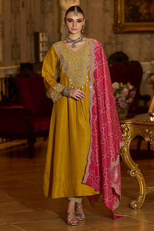 Yellow Embroidered Silk Blend Kurti Pant Set (IDKH9YL12316)