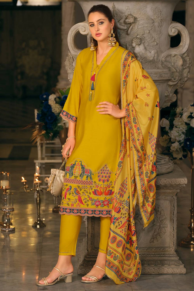 Yellow Embroidered Silk Blend Kurti Pant Set (IDKH9YL12500)