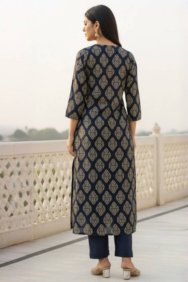 Black Printed Cotton Kurti Pant Set