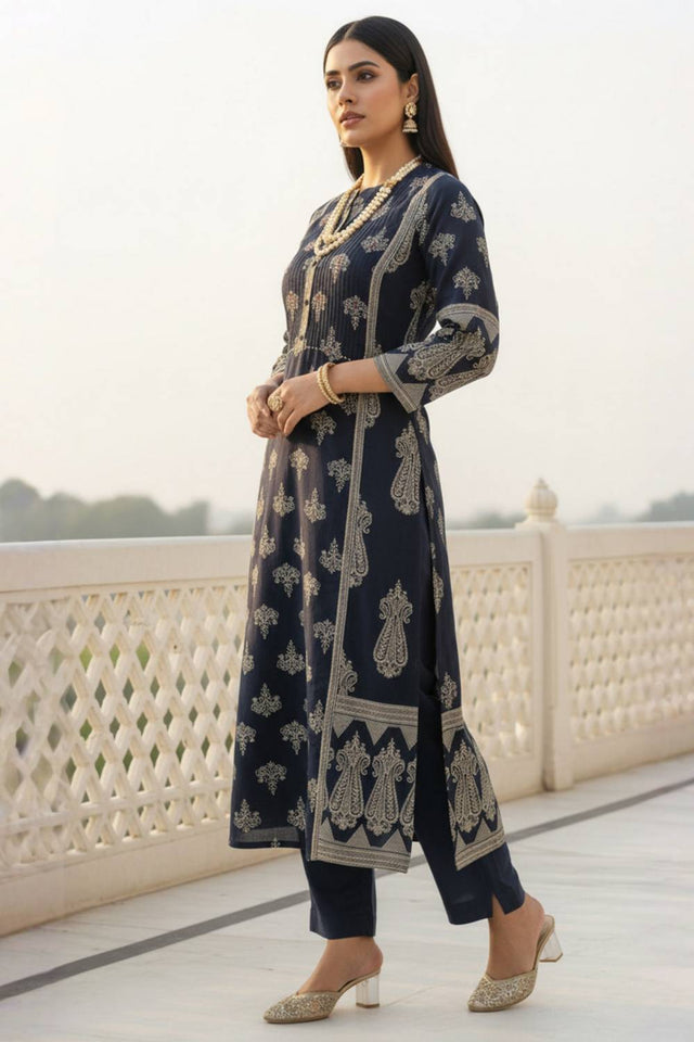 Black Printed Cotton Kurti Pant Set