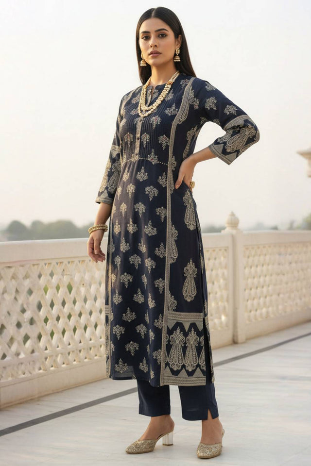 Black Printed Cotton Kurti Pant Set
