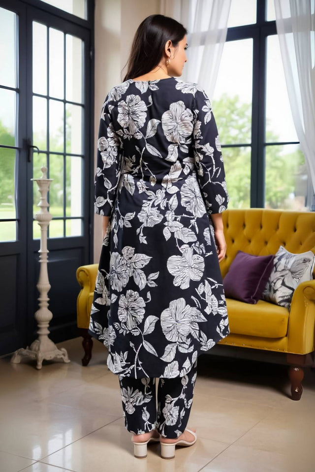 Black Floral Printed Cotton Kurti Pant Set (IDKS0BK11142)