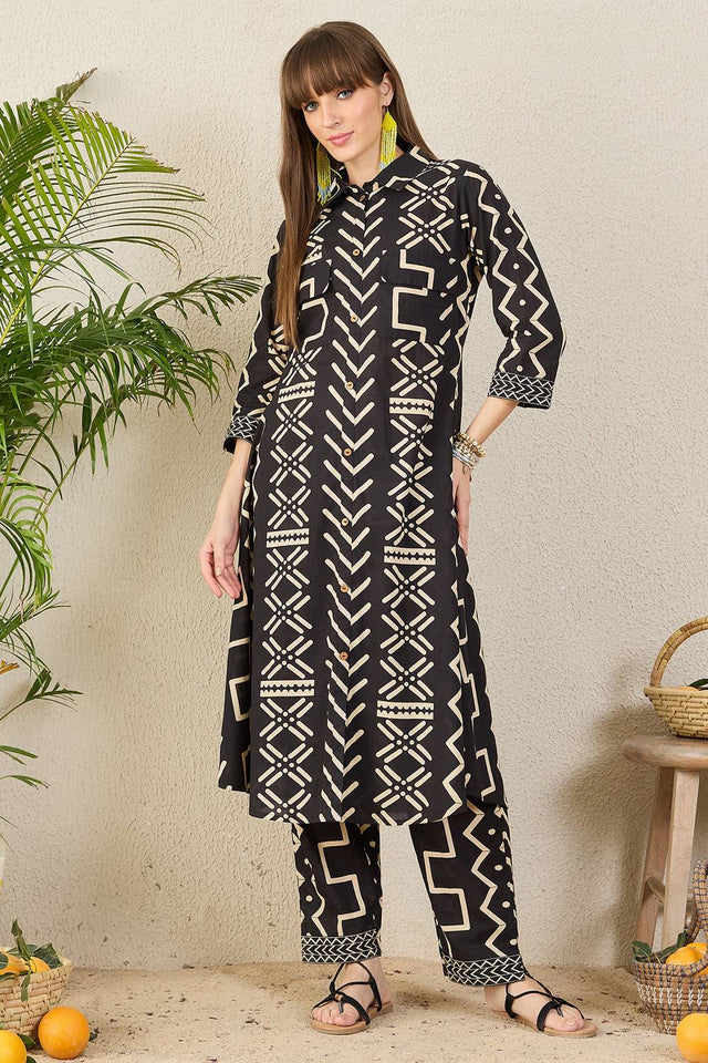 Black Printed Cotton Kurti Pant Set (IDKS0BK11807)