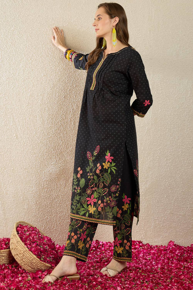 Black Floral Printed Cotton Kurti Pant Set (IDKS0BK11921)