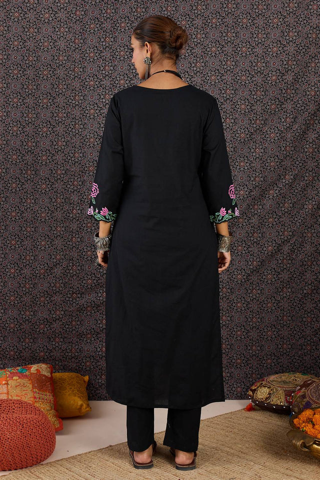 Black Embroidered Cotton Kurti Pant Set (IDKS0BK11940)