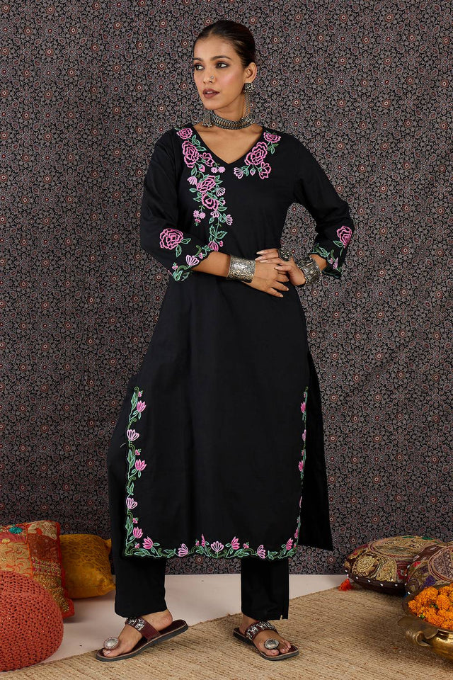 Black Embroidered Cotton Kurti Pant Set (IDKS0BK11940)