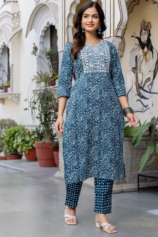 Blue Floral Printed Cotton Kurti Pant Set (IDKS0BL11621)