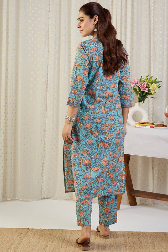 Blue Floral Printed Cotton Kurti Pant Set (IDKS0BL11671)