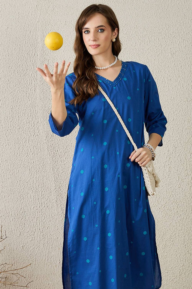Blue Printed Cotton Kurti Pant Set (IDKS0BL11678)