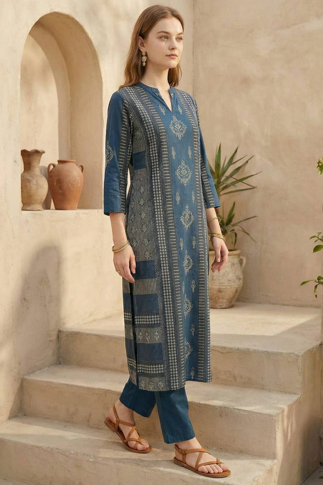 Blue Printed Cotton Kurti Pant Set (IDKS0BL11841)
