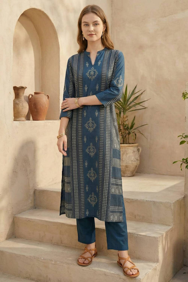 Blue Printed Cotton Kurti Pant Set (IDKS0BL11841)