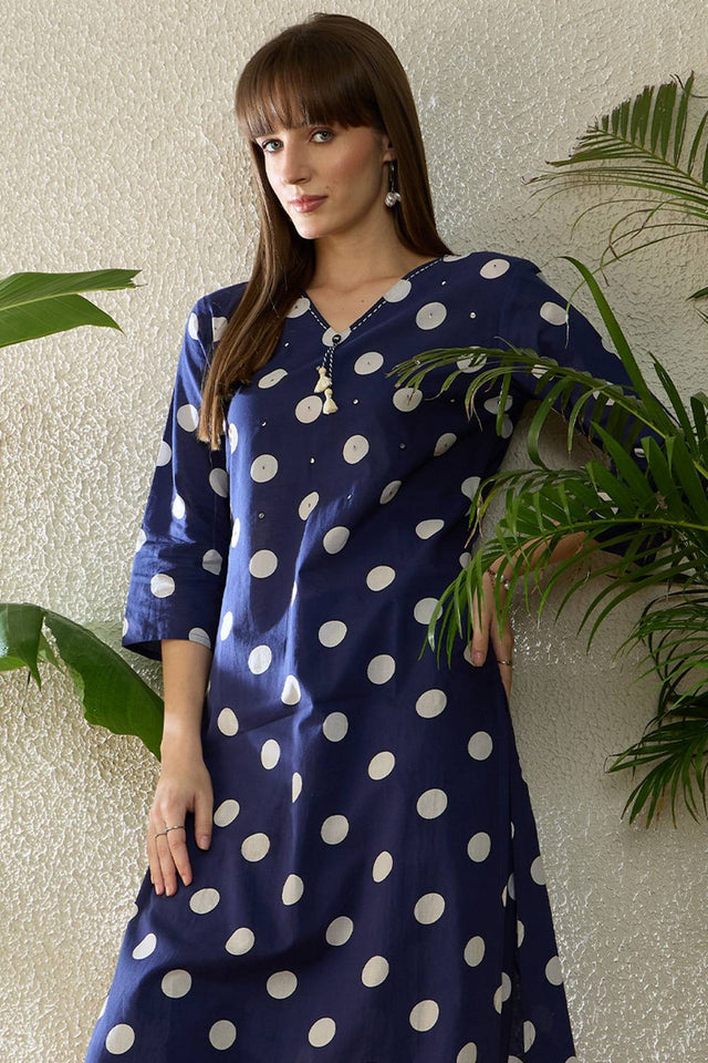 Blue Printed Cotton Kurti Pant Set (IDKS0BL11895)