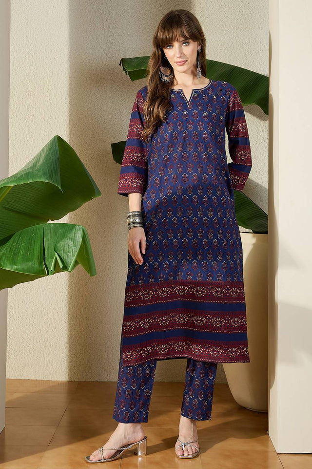Blue Floral Printed Cotton Kurti Pant Set (IDKS0BL11964)
