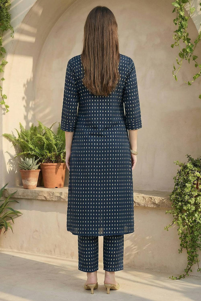 Blue Printed Cotton Kurti Pant Set (IDKS0BL12145)