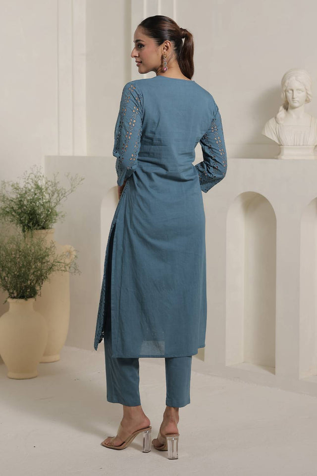 Blue Floral Embroidered Cotton Kurti Pant Set (IDKS0BL12243)
