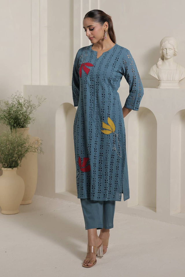 Blue Floral Embroidered Cotton Kurti Pant Set (IDKS0BL12243)