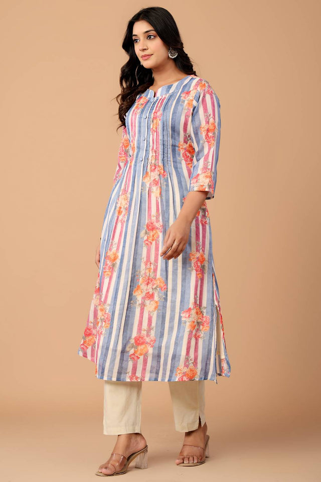 Blue Floral Printed Cotton Kurti Pant Set (IDKS0BL12476)