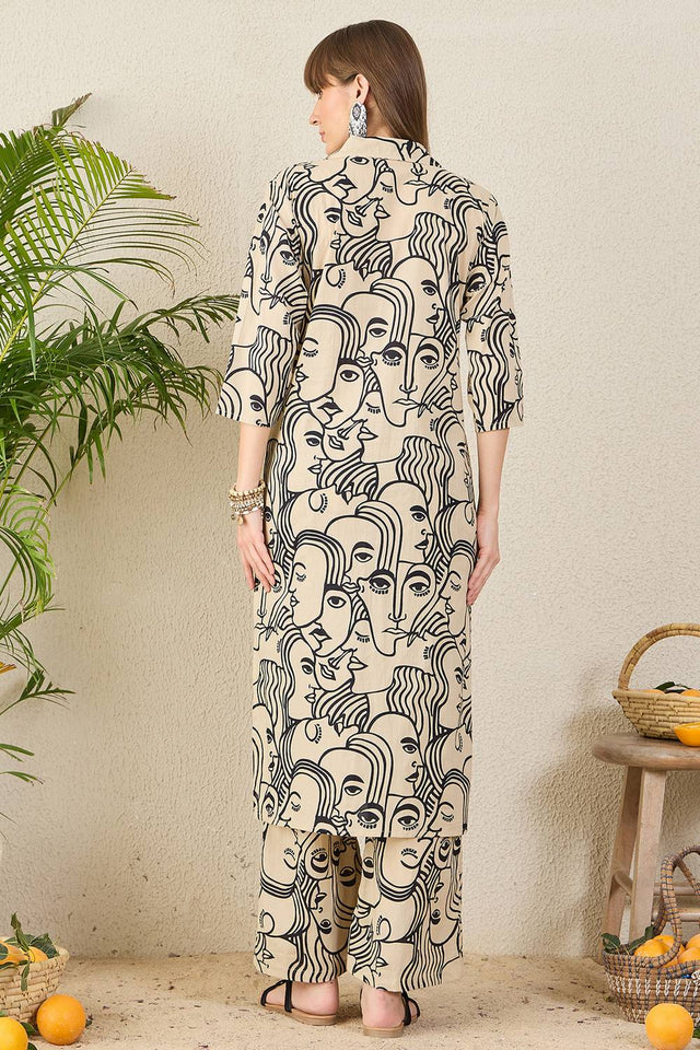 Cream Printed Cotton Kurti Pant Set (IDKS0CR12230)