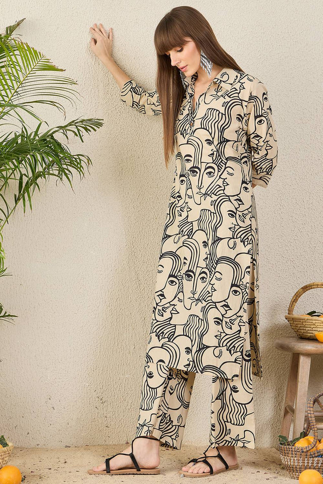 Cream Printed Cotton Kurti Pant Set (IDKS0CR12230)