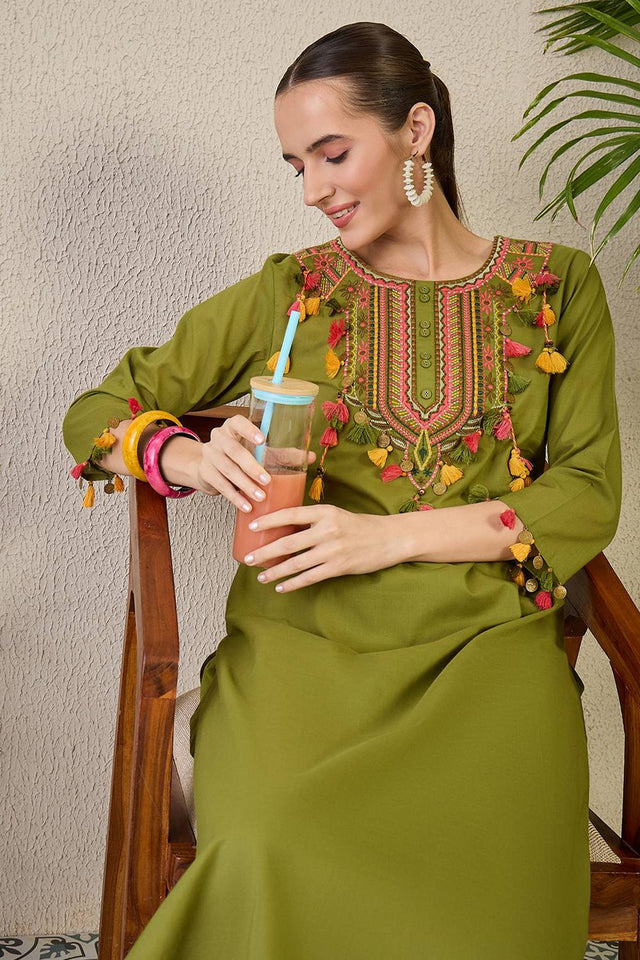 Green Embroidered Cotton Kurti Pant Set