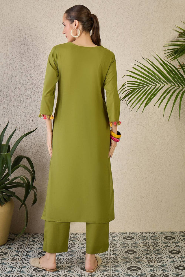 Green Embroidered Cotton Kurti Pant Set