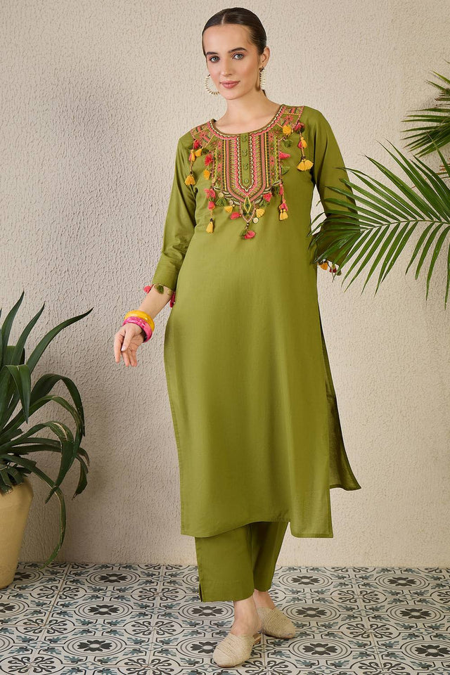 Green Embroidered Cotton Kurti Pant Set