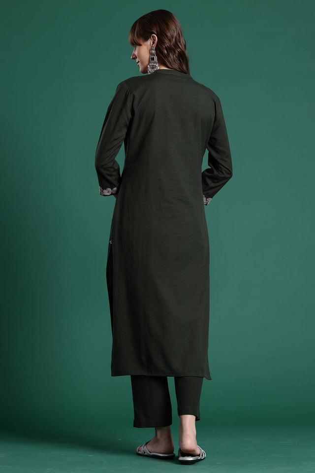 Green Embroidered Cotton Kurti Pant Set