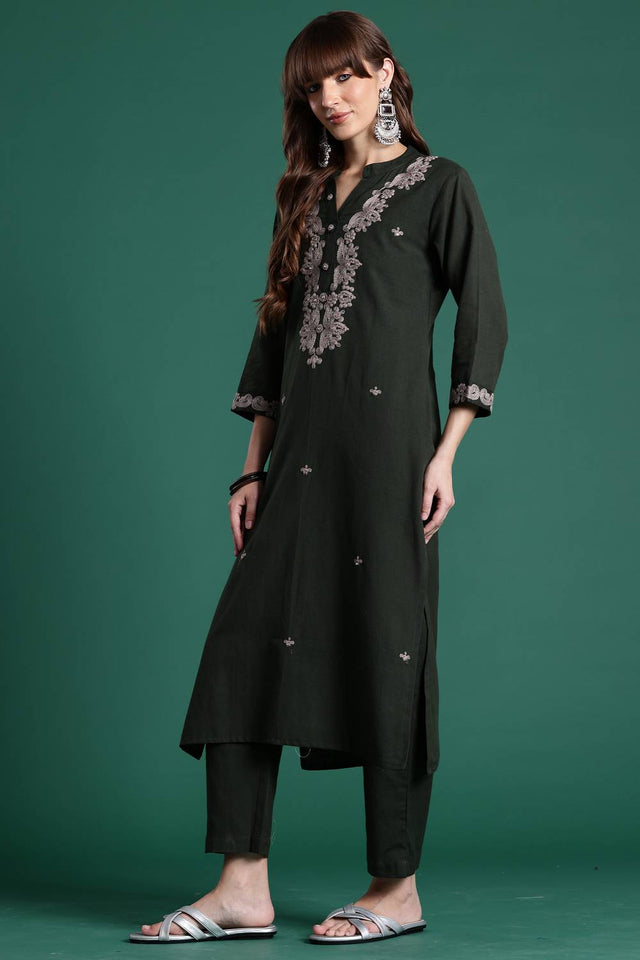 Green Embroidered Cotton Kurti Pant Set