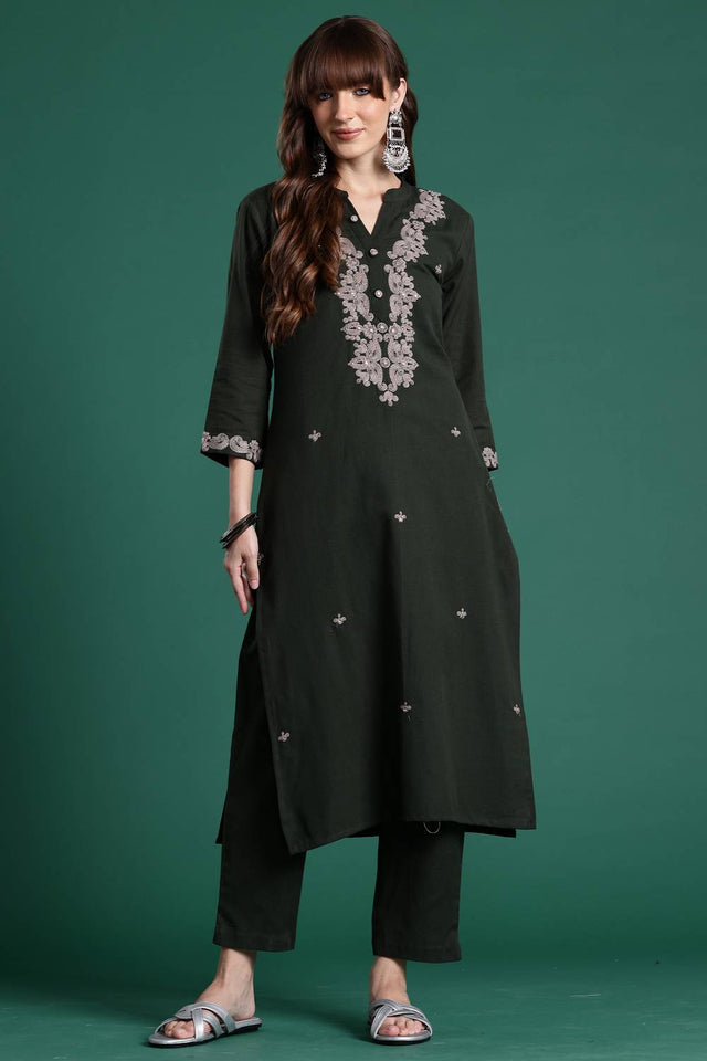 Green Embroidered Cotton Kurti Pant Set