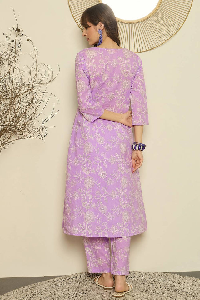 Lavender Floral Printed Cotton Kurti Pant Set (IDKS0LV11879)