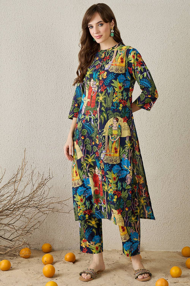 Multi Color Floral Printed Cotton Kurti Pant Set (IDKS0ML11877)