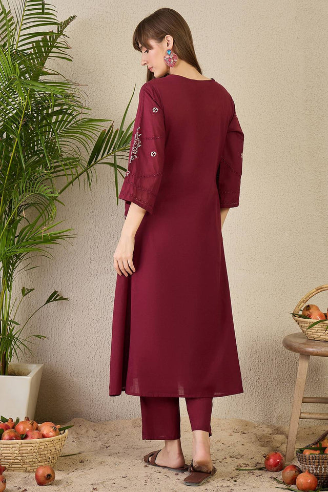 Maroon Embroidered Cotton Kurti Pant Set (IDKS0MR11302)